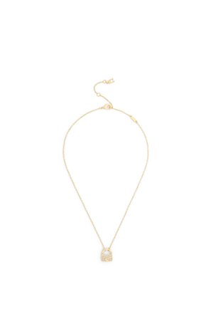 Collier délicat en chaîne dorée avec un petit pendentif en forme de cadenas en or et argent au centre et un fermoir ajustable en haut.