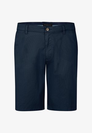 Navy blue shorts made of lightweight fabric with a smooth texture. Features a button closure and stitched hem. Brand label: Bugatti.