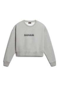 Grijze cropped sweatshirt gemaakt van zachte stof, met een ronde halslijn, ribgebreide manchetten en een bedrukte logodesign op de voorkant in het midden.