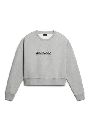 Grijze cropped sweatshirt gemaakt van zachte stof, met een ronde halslijn, ribgebreide manchetten en een bedrukte logodesign op de voorkant in het midden.