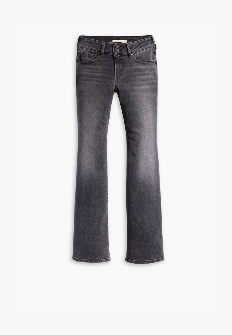 Jeans a zampa d'elefante in denim grigio scuro, con chiusura a bottoni, cinque tasche, leggera scoloritura e cuciture a contrasto sulle cuciture.