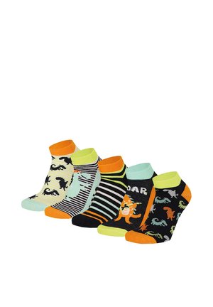 Five pairs of colorful ankle socks with various dinosaur patterns and striped designs, featuring bright orange, green, and black accents.