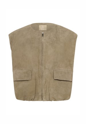 Gilet en daim beige avec un col rond, une fermeture éclair à l'avant et deux grandes poches poitrine. Texture lisse et design surdimensionné et court.
