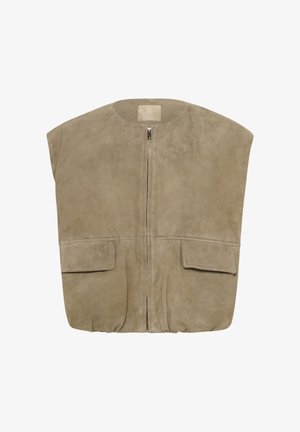 Bēšas krāsas zamšādas veste ar apaļu kakla izgriezumu, priekšpusē ar rāvējslēdzēju un divām lielām krūšu kabatām. Gluda tekstūra un lielizmēra, īss dizains.