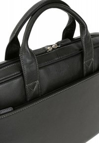 Zwarte leren laptoptas met stevige dubbele handvatten, ritssluiting, textuur aan de buitenkant en contrasterende stiksels langs de naden.