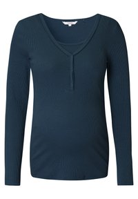 Graviditetsblus i mörk teal, ribbad textur, långa ärmar, V-ringning med knappdetalj och en figurnära design för komfort.