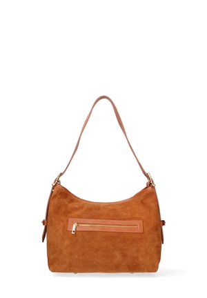 Braune Wildleder-Handtasche mit einer geschwungenen Form, einem einzelnen Tragegurt und einer vorderen Reißverschlusstasche mit einer Leder-Akzentuierung. Glatte, weiche Textur.