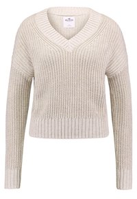 Suéter beige de punto con escote en V, mangas largas, dobladillos acanalados y un patrón texturizado de Hollister en talla pequeña.