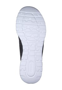 Schwarzer Sneaker mit einem strukturierten grauen Obermaterial und einer weißen Gummisohle, die über tiefe Rillen für guten Halt und ausgeprägte Markierung auf der Sohle verfügt.