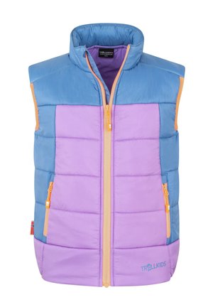 Children’s sleeveless padded vest in purple and blue with orange zipper and Trollkids logo on front bottom right.