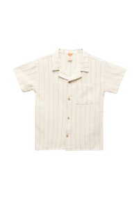 Korte mouw shirt in crème met verticale strepen, een zak op de linkerborst en knoopsluiting, gemaakt van een gestructureerde stof.