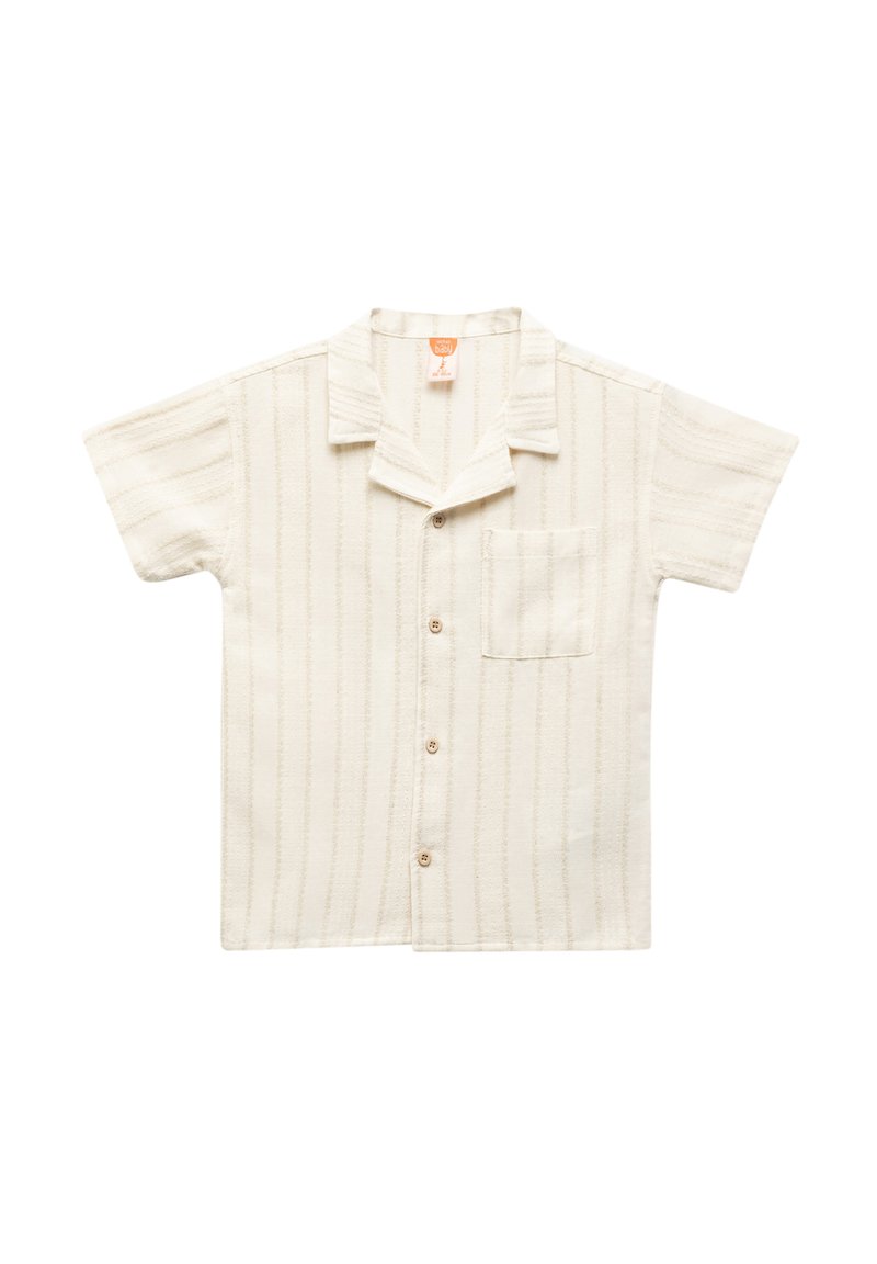 Korte mouw shirt in crème met verticale strepen, een zak op de linkerborst en knoopsluiting, gemaakt van een gestructureerde stof.
