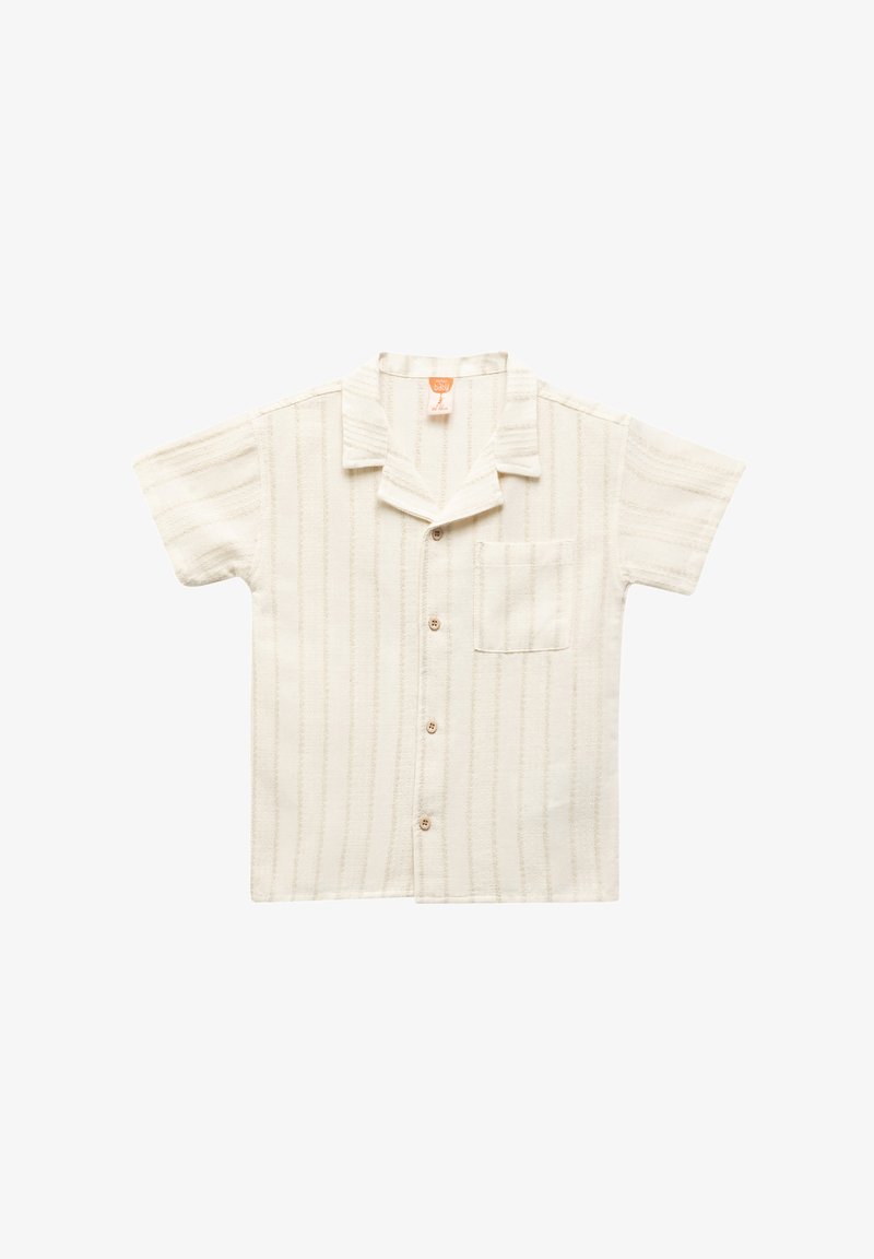 Korte mouw shirt in crème met verticale strepen, een zak op de linkerborst en knoopsluiting, gemaakt van een gestructureerde stof.