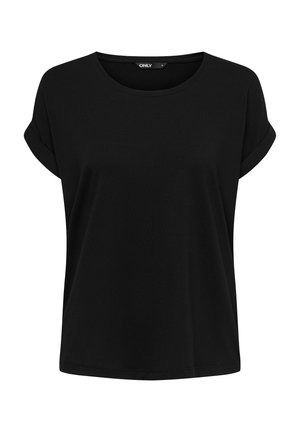 T-shirt preto de manga curta feito de um tecido macio, com um corte relaxado, gola redonda e mangas enroladas. Textura suave, design simples.