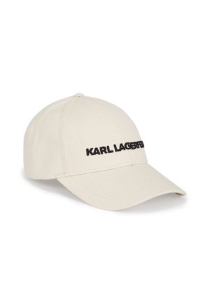 Cream baseball cap made of cotton with a structured design, featuring black embroidered text "KARL LAGERFELD" on the front.