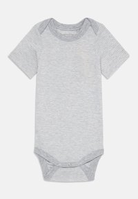 Grå kortermet bodysuit med horisontale hvite striper, mykt bomullsstoff, trykknapper i bunnen og rund halsringning.