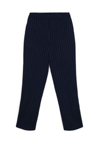 Pantalon rayé bleu marine en tissu lisse, avec une coupe droite, des passants de ceinture et une fermeture à bouton à l'avant.