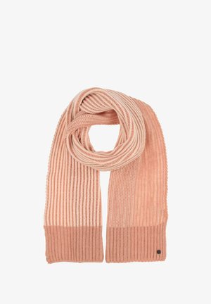 Sciarpa in maglia nei tenui toni di rosa con motivi a coste alternate e punto legaccio. Presenta un colore uniforme agli estremi e un piccolo logo del marchio.