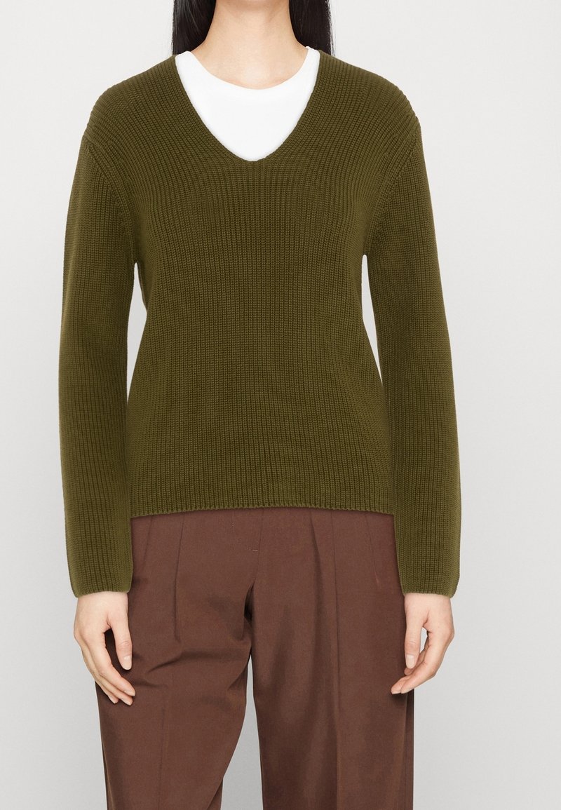 Personne portant un pull vert olive côtelé à col en V par-dessus une chemise blanche, associé à un pantalon plissé marron sur un fond uni.