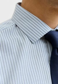 Helehall triibuline särk helesinistes ja valges, klassikalise kraega. Ühendatud tekstuurse tumelilla lipsuga, mis näitab peeneid detaile ja mustreid.