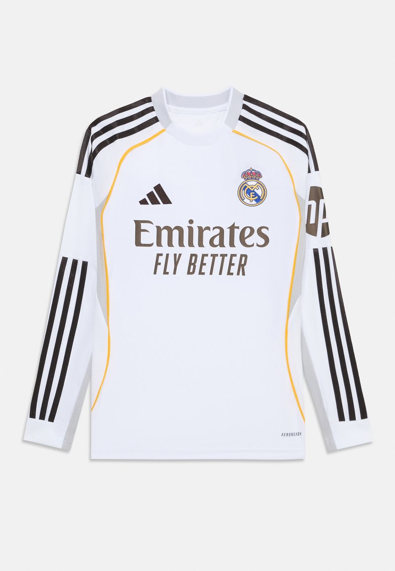 Maillot de football à manches longues blanc avec des accents noirs et jaunes, arborant le logo "Emirates Fly Better", le blason du club et trois bandes noires sur les manches.