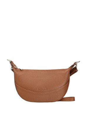 Brown leather shoulder bag with a textured finish, curved shape, logo detail, and adjustable strap. Silver hardware accents on the sides.