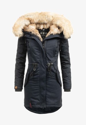 Navy blue parka with a faux fur-lined hood, zip closure, multiple pockets, cinched waist, and textured fabric for warmth and durability.