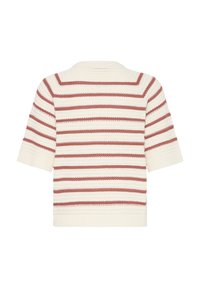 Crèmekleurige gebreide korte mouw trui met horizontale roestkleurige strepen en geribbelde manchetten en zoom, gezien vanaf de achterkant.