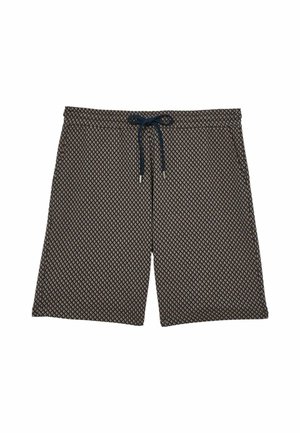 Pánske šortky dĺžky ku kolenám s čierno-béžovým diamantovým vzorom a tmavomodrým sťahovacím pásom.