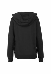 Černá mikina s kapucí z měkké látky, s velkou kapucí, žebrovanými manžetami a volným střihem s hladkou texturou. Na přední straně nejsou viditelné žádné designové detaily.