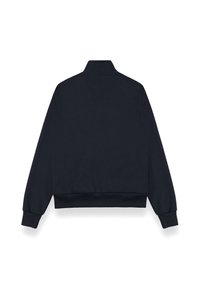 Marineblaue Sweatshirt mit hohem Kragen, gerippten Bündchen und Saum. Verfügt über eine glatte Textur und ein minimalistisches Design, ohne sichtbare Logos oder Muster.