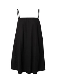 Zwarte mouwloze jurk met dunne bandjes, losse pasvorm, knie-lange silhouet, textielstof, zonder patronen, minimalistisch ontwerp.