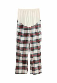 Cotton plaid pants with a cream elastic waistband, featuring green, red, and blue checks, and two side pockets in a loose-fit design.
