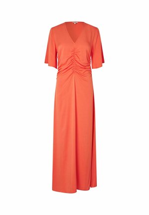 Korall narancssárga maxi ruha rövid ujjakkal, V-nyakkivágással és fodros részletekkel az első derékrésznél.
