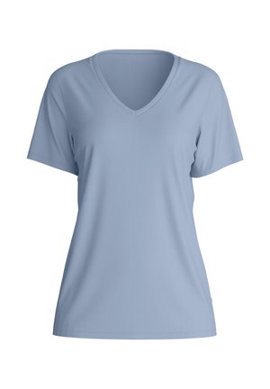 T-shirt bleu clair à manches courtes et col en V, coupe décontractée, présenté sur un fond blanc uni.