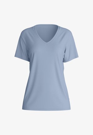T-shirt bleu clair à manches courtes et col en V, coupe décontractée, présenté sur un fond blanc uni.