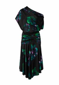 Crna haljina s jednim ramenom, nabranim pojasom i lepršavom suknjom, ukrašena zelenim i ljubičastim apstraktnim uzorcima.