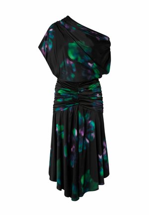 Abito nero con design a spalla unica, vita arricciata e gonna fluida, decorato con motivi astratti verdi e viola.