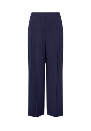 Marineblauwe broek met wijde pijpen, hoge taille, voorvouwen en een gladde, op maat gemaakte pasvorm.