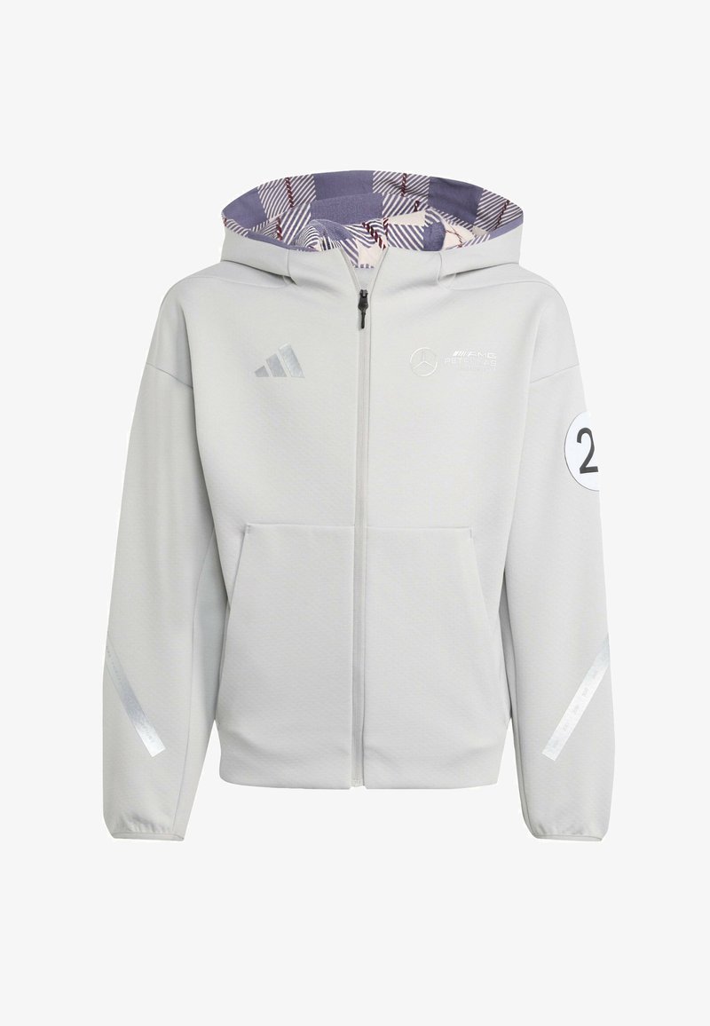 Light gray hooded jacket with a zip front, featuring a patterned inner lining, reflective accents, and side pockets. Includes logo details.