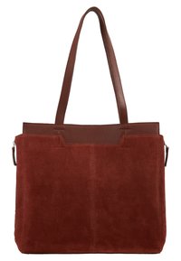 Sac fourre-tout en daim rouge avec accents en cuir marron et poignées doubles. Présente une texture lisse et un design structuré, adapté à un usage quotidien.