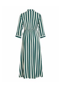 Robe longue à rayures verticales vertes et blanches, manches trois-quarts et taille cintrée, vue de dos sur fond blanc.