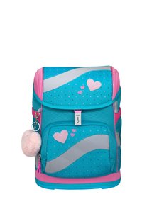 Rucksack in Türkis und Pink, gepunktetes Muster, silberne Akzente, Herz-Applikationen und einer flauschigen pinken Pompon-Schlüsselanhänger.