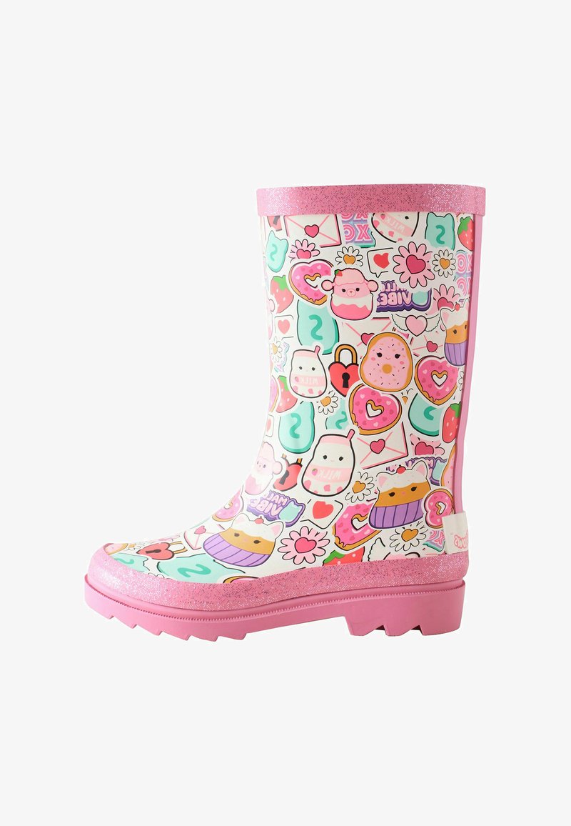 Botte de pluie rose avec un bandeau pailleté brillant, des motifs de dessins animés colorés, une semelle texturée et une finition brillante avec des motifs ludiques.