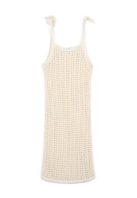 Abito lavorato a maglia color crema con una trama a rete, dotato di sottili spalline regolabili e di una silhouette dritta. Design minimalista.