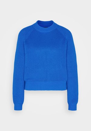 Pull en tricot bleu avec un col rond, des poignets et un ourlet côtelés. Présente un motif texturé et des manches raglan pour une coupe décontractée.