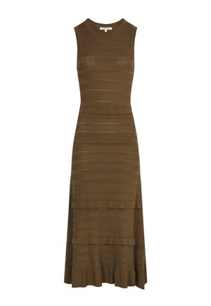 Vestido midi sin mangas de punto marrón con patrones de rayas horizontales y detalles de encaje con ojales en la cintura y el dobladillo.