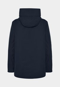Veste à capuche bleu marine foncé à manches longues vue de dos sur un fond gris clair uni.