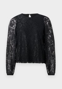 Czarna koronkowa bluzka z długimi przezroczystymi rękawami, okrągłym dekoltem i szczegółem w formie otworu z tyłu. Kwiatowy wzór koronki oraz miękka tekstura tkaniny.
