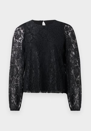 Črna čipkasta bluzica z dolgimi prosojnimi rokavi, okroglim izrezom in detajem na hrbtni strani v obliki ključavnice. Cvečni čipkast vzorec in mehak teksturiran material.